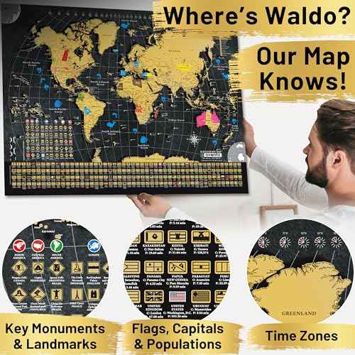 OVANTO Scratch Off World Map + USA Map ? 17x24¡± Wall Travel Posters with 196 Flags, Gold Foil, Pins & Accessories ? Premium Gift Box for Travelers, Couples, Home or Office Decor