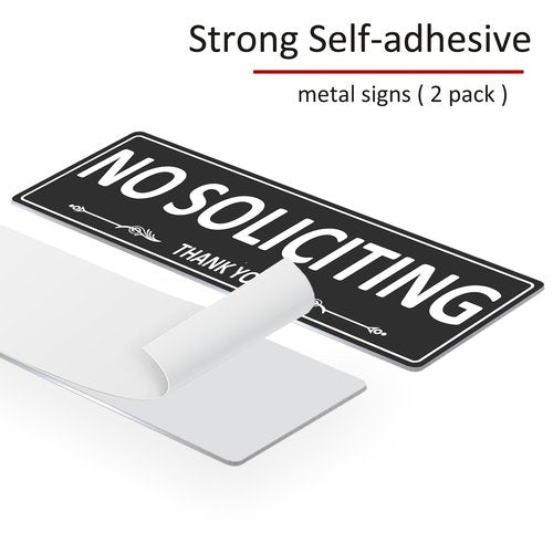 i-CowFun (2 Pack) Premium Metal Self-Adhesive No Soliciting Sign for Front Door, 7.5 x 2.5 Inches Aluminum No Solicitation Signs for House, Business, Home, Office, Window, No Fade, Rust Free