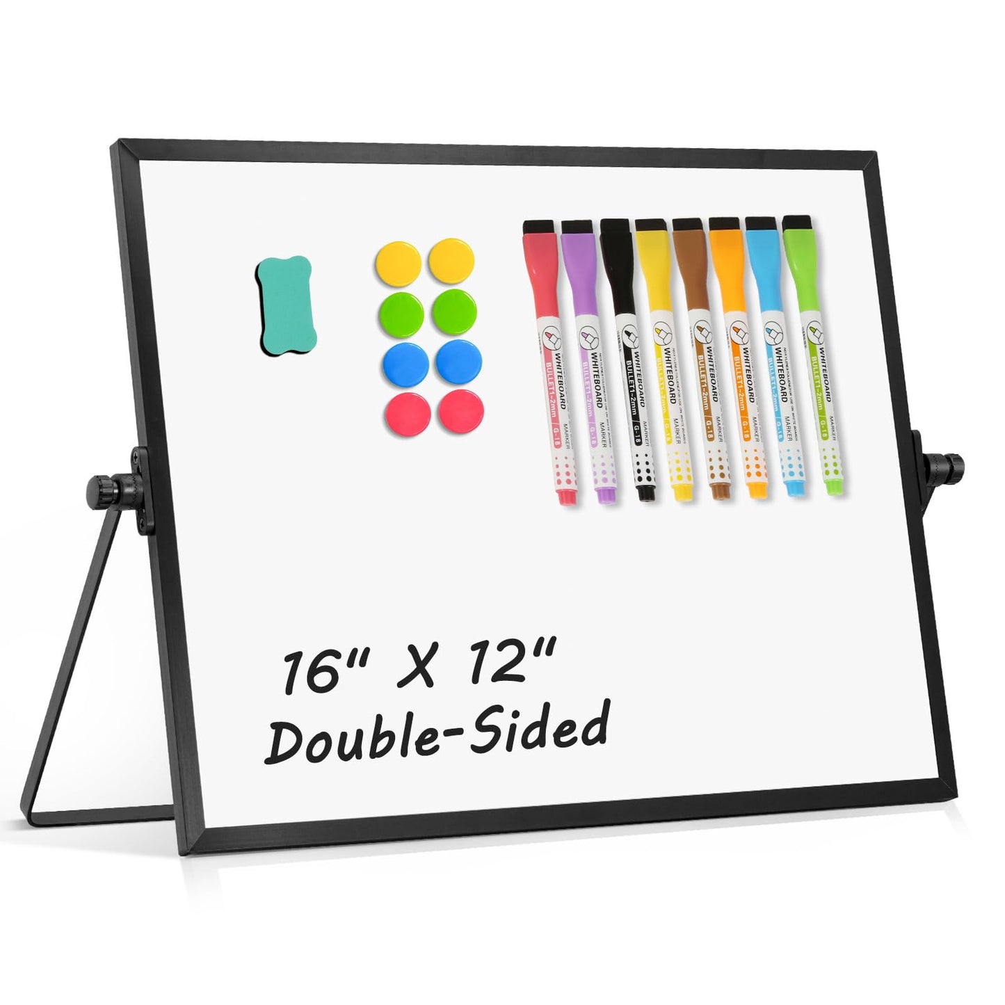 AMUSIGHT Double-Sided Magnetic White Board with Stand, 16" x 12" (Black)