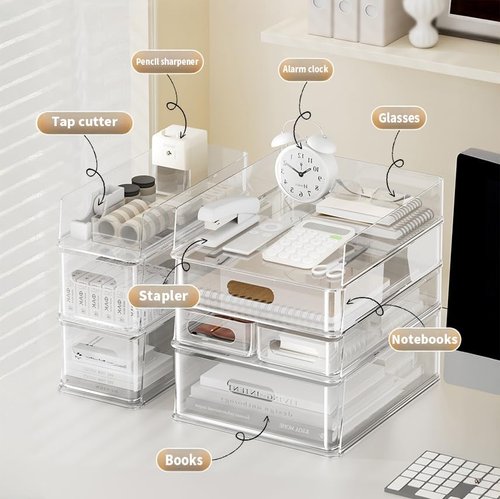 MineSign 2 Pack Desk Organizer with Drawers Stackable Paper Letter Tray for Office Organization Multi-functional Plastic Storage Box for Office Supplies Makeup Jewelry Beauty Accessories