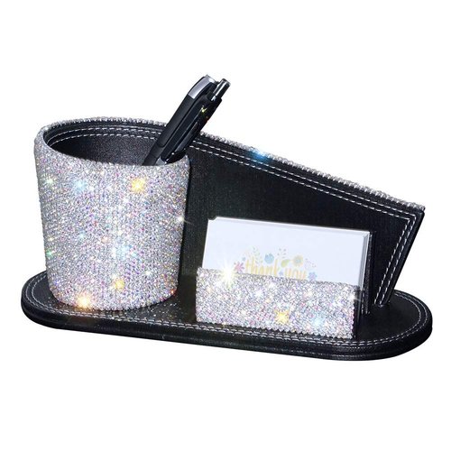 KEYPOWER Pen Pencil Holder Business Name Cards Decorative Bling Crystal Rhinestone PU Leather Gift for Women Girls (White)