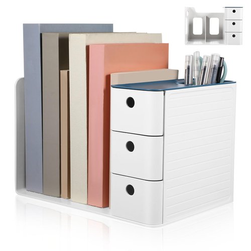 Operitacx Desk Organizer with File Holder, Desktop Storage Organizer with 2 Vertical File Holders, 3-Tier Drawers and Pen Holder for School Office Home Supplies