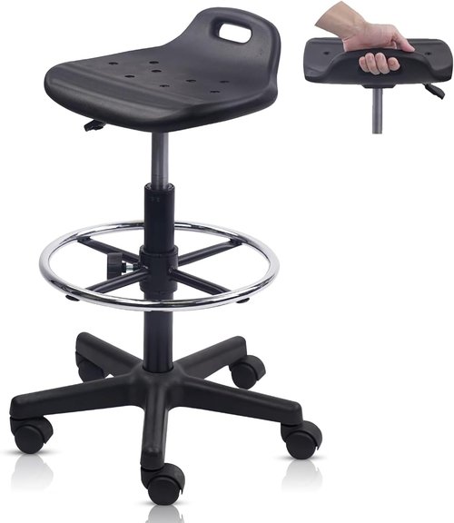 KLASIKA Adjustable Height Drafting Rolling Stool - Breathable Cushion & Foot Rest | Black, Multi-Purpose Design