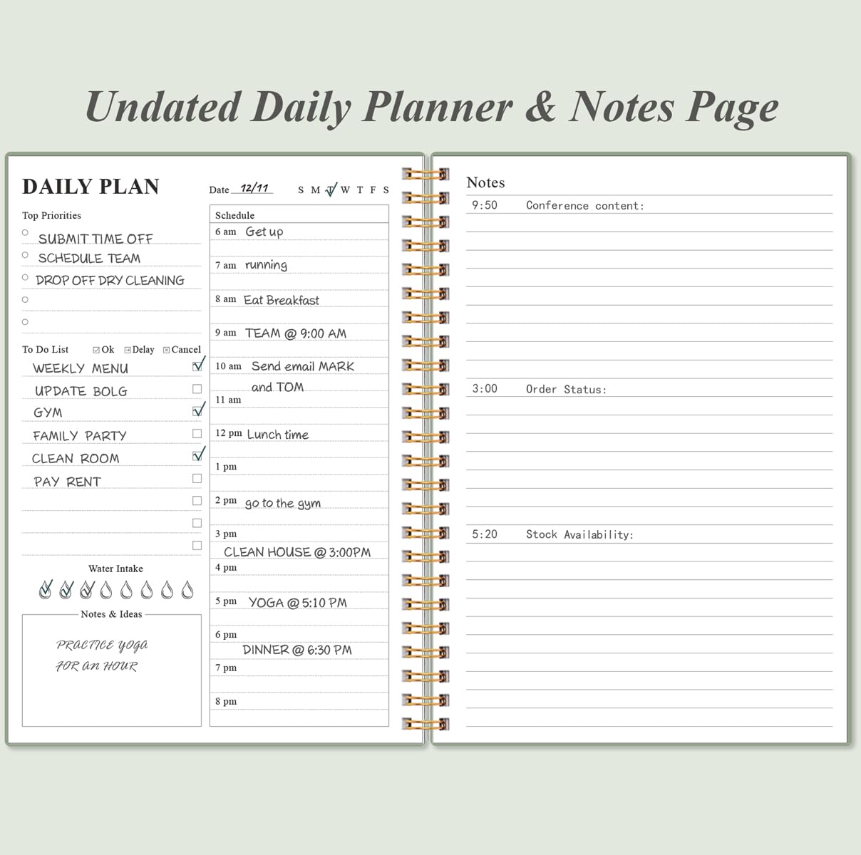 Daily Planner Undated - A5 To Do List Notebook Hourly Schedules, Spiral Appointment Planner for Women and Men, PVC Hardcover, Inner Pocket, Elastic Closure, 5.8" x 8.3", Green