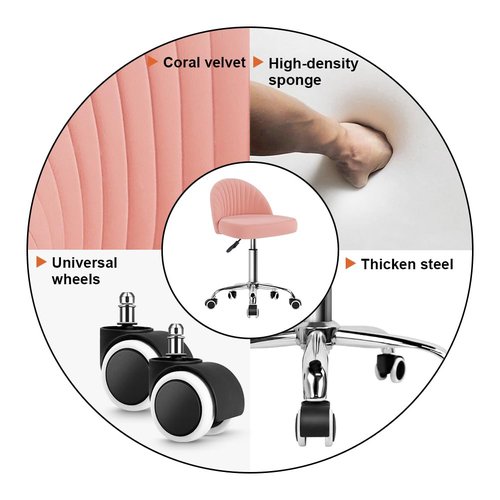 KKTONER Rolling Stool Swivel Office Chair Velvet Vanity Chairs Height Adjustable stools with Back for Bedroom Home Makeup Cosmetic Drafting(Pink)