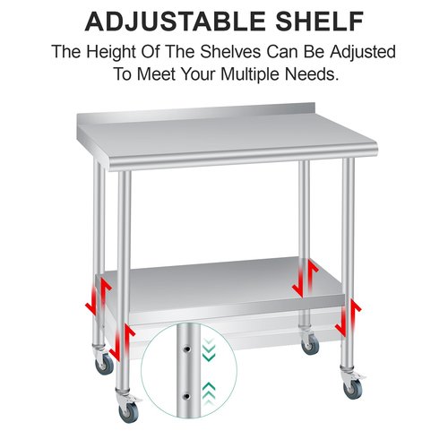 Stainless Steel Prep Table, 30 x 24 Inches, with Backsplash, Adjustable Undershelf and 4 Caster Wheels, Commercial Heavy Duty Table with Adjustable Under Shelf for Outdoor Use,Restaurants,Hotels,Works