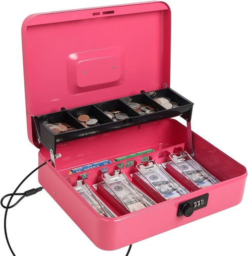 Regine Switzerland Cash Box - Secure Metal Lock Box with Money Tray | Pink Color