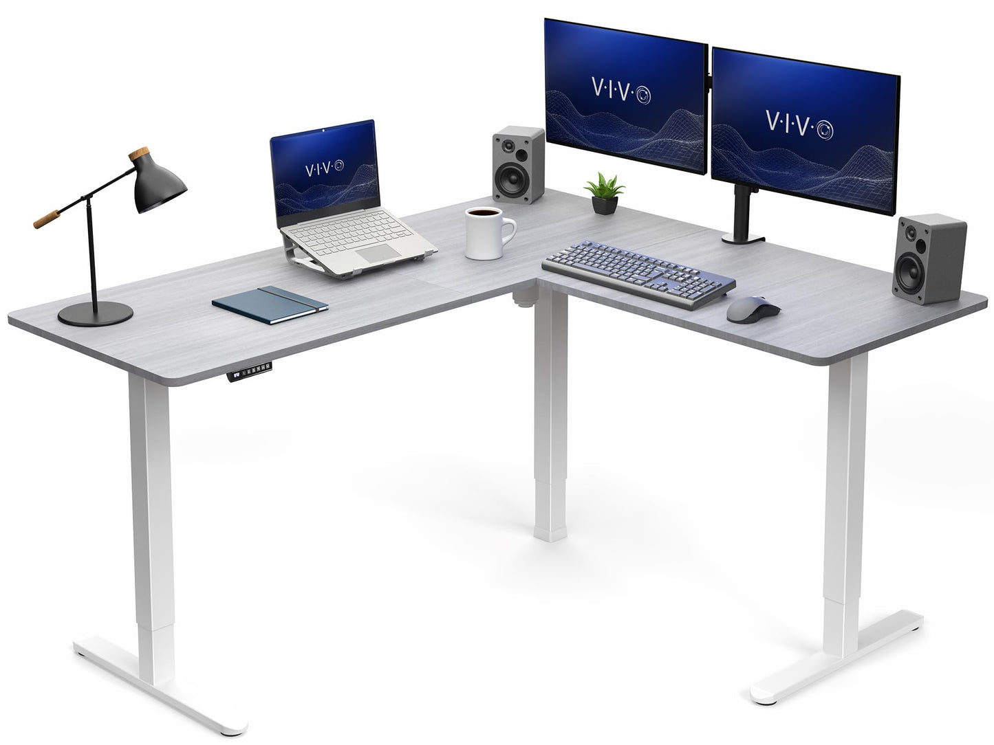VIVO Corner Standing Desk, 63 x 55 inch Reversible L-Shaped Workstation, Electric Height Adjustment, Home, Office, and Reception Rooms, Dark Gray Table Top White Frame, DESK-E3CTWG