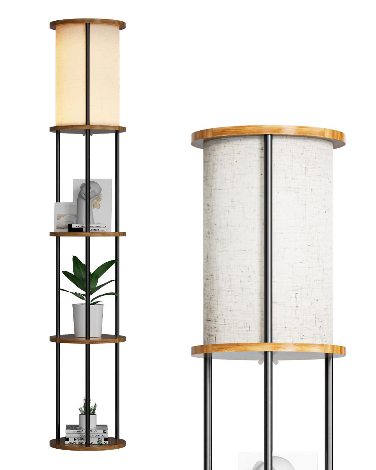 Lightdot 61" Floor Lamp with Shelves, Modern Black Standing Lamp with Fabric Shade and 3- Tier Solid Wood Table Attached, Corner Bookshelf Lamps with Bulb Included for Sofa Beside/Corner Decor