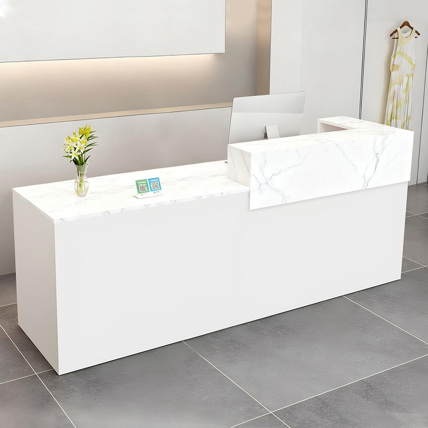 Modern Reception Desk with Drawer & Open Shelves, 39-95 Inch Front Counter Table, Computer Workstation Suitable for Salons, Offices, Lobbies, Retail Stores and Home Offices