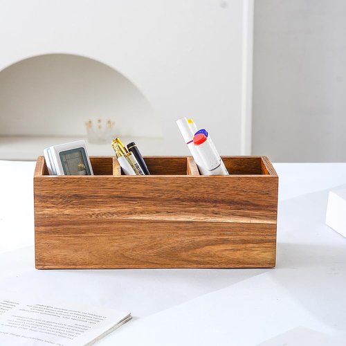 YOSCO Wood Pens Pencils Holder Cup for Desk Remote Control Holder, Caddy, Organizer, Desktop Storage with 3 Compartments, Makeup Brush Holder, Silverware Caddy for Party, Office Supplies (Acacia)
