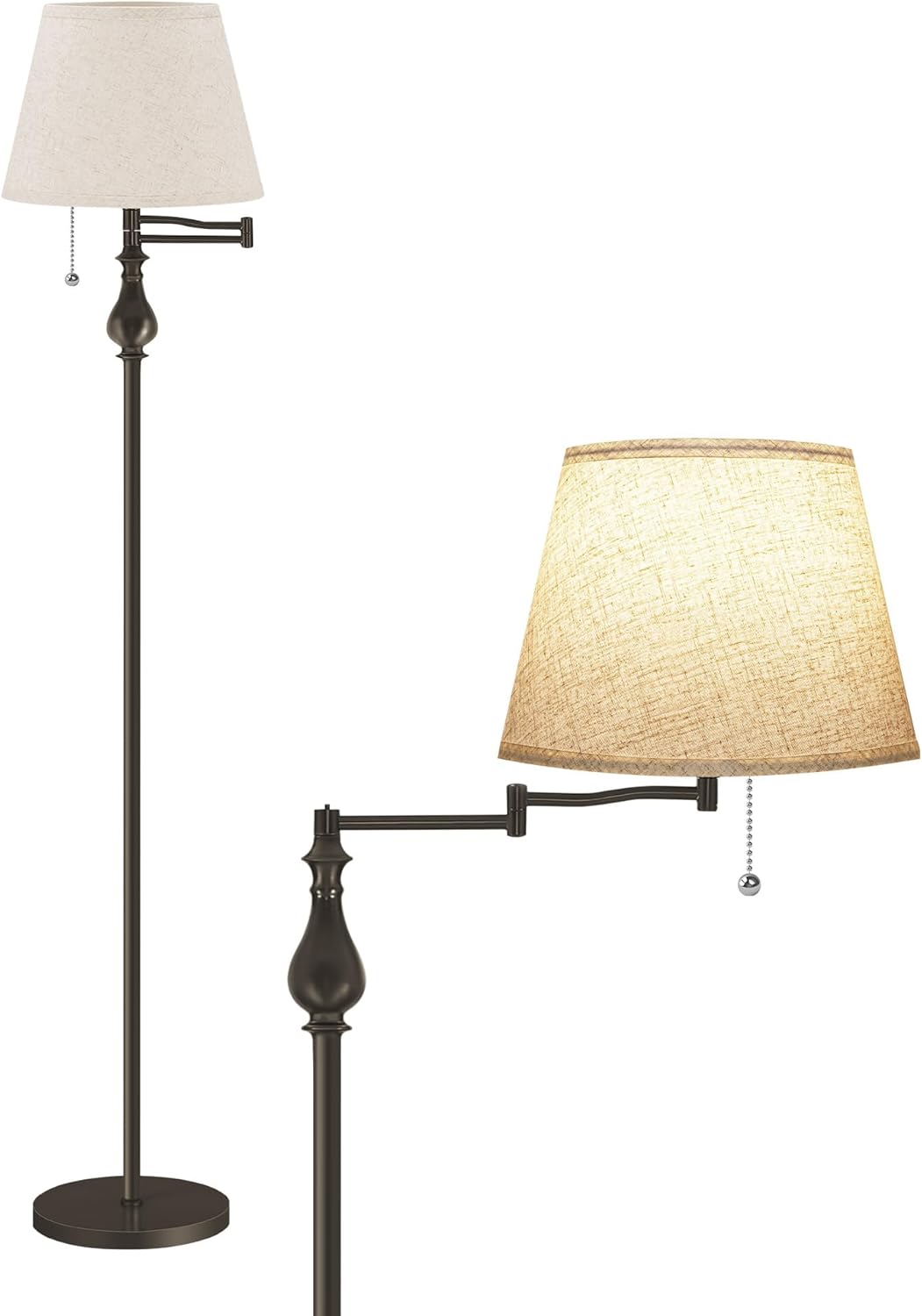 Skiennix Mid-Century Modern Floor Lamp - Adjustable Swing Arm & Pull Chain Switch - Antique Design for Living Room, Bedroom, Office