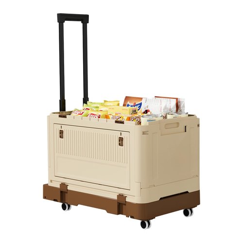 VOWNER Large Foldable Utility Cart, Portable Rolling Crate with 132 lbs Capacity, Handcart Shopping Trolley with Lid and 4 Rotate Wheels, for Grocery, Shopping, Office, Camp, Brown