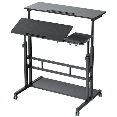 AIZ Adjustable Computer Rolling Desk Cart on Wheels Home Office Workstation, Portable Laptop Tall Table for Standing or Sitting, Black