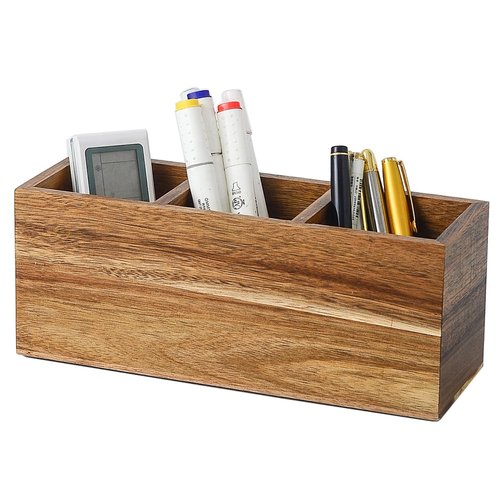 YOSCO Wood Pens Pencils Holder Cup for Desk Remote Control Holder, Caddy, Organizer, Desktop Storage with 3 Compartments, Makeup Brush Holder, Silverware Caddy for Party, Office Supplies (Acacia)