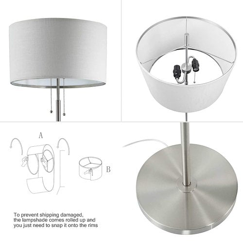 DEEPLITE Modern 2-Light Floor Lamp, Tall Standing Lamp with 2 Bulb Socket for Living Room Bedroom Office Bright Lighting, Brushed Nickel Body, White Lampshade