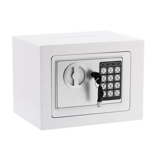 Small Safe Box With Digital Keypad & Keys - 9.05 x 6.7 x 6.7 Inches Wall Safe 0.23 Cuft Mini Security Lock for Coin Home Office Hotel Rooms Business Jewelry Gun (White)