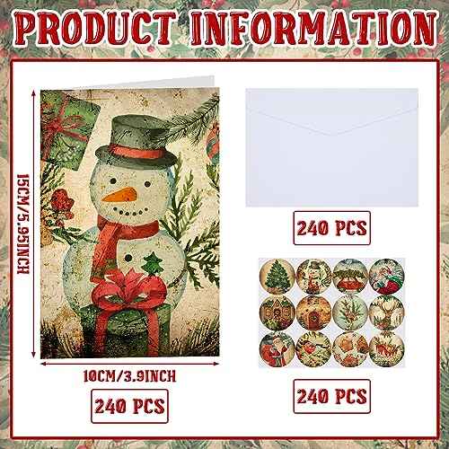 Cholemy 240 Sets Christmas Cards with Envelopes and Stickers Vintage Happy Holiday Cards Bulk Cute Season Greetings Cards 12 Designs, 6 x 4 Inch Merry Christmas Notes for Winter Xmas Season Gift