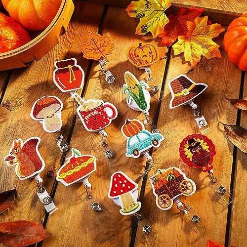 Zhanmai 48 Pcs Thanksgiving Reels Felt Retractable Fall Badge Reels with Clip Cute Squirrel Turkey Pumpkin Maple Leaves Holiday Themed Badge Holders Gift for Nurse Doctor Students School Office