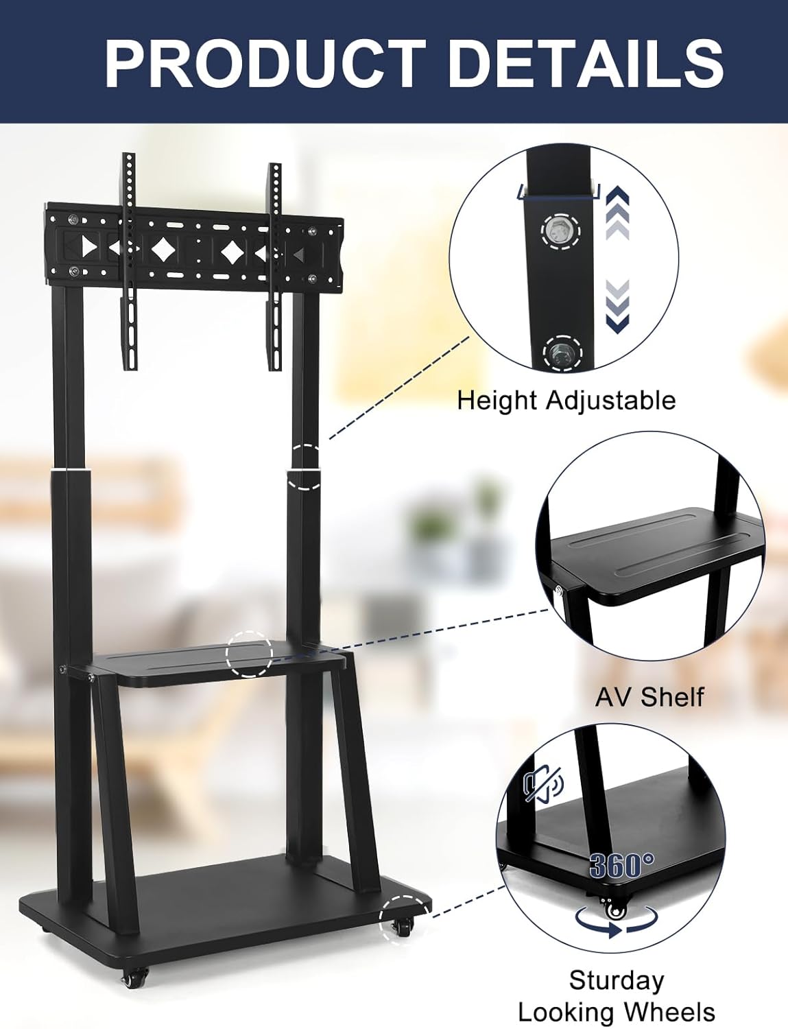 Skiennix Mobile TV Stand - Height Adjustable Rolling Cart for 42-86 Inch TVs | Heavy Duty, Portable Design, 220lbs Capacity