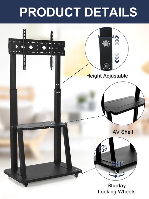 Maiproo Rolling TV Stand Mobile TV Cart on Wheels for 42-86 Inch Flat/Curved LED/LCD/OLED Height Adjustable Heavy Duty Floor Portable TV Stand with Wheels with Laptop DVD Shelf Holds up to 176lbs