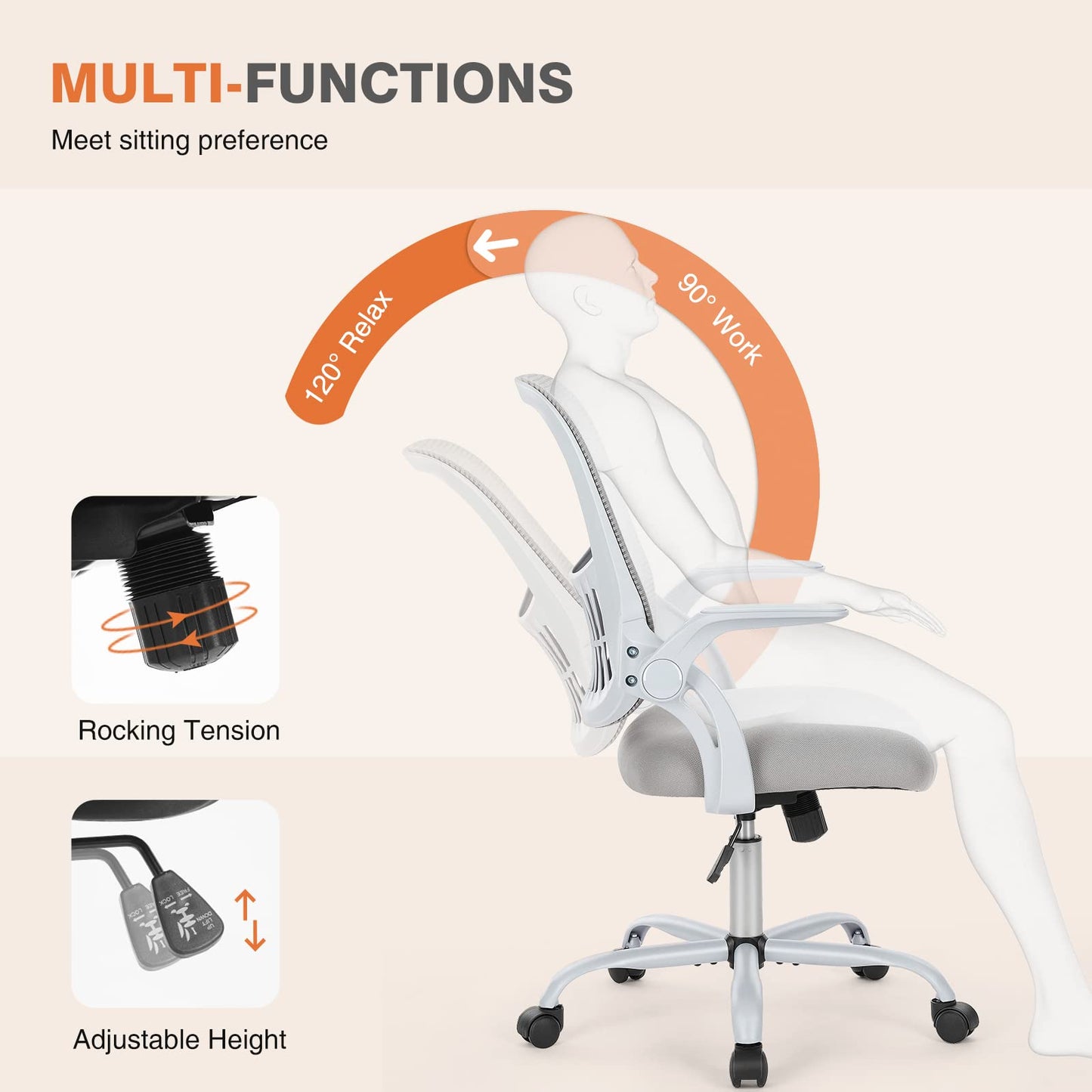 Sweetcrispy Office Desk Chair, Ergonomic Mid-Back Mesh Rolling Work Swivel Task Chairs with Wheels, Comfortable Lumbar Support, Comfy Flip-up Arms for Home, Bedroom, Study, Student, Classic Grey