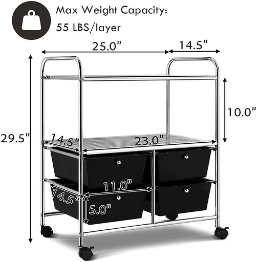 Squareful 3 Tier Storage Cart, Rolling Utility Cart w/ 4 Drawers & 2 Shelves, Metal Organizer Shelf, Multi-Purpose for Home, Office, School, Beauty Salon (Black & Chrome Finish)