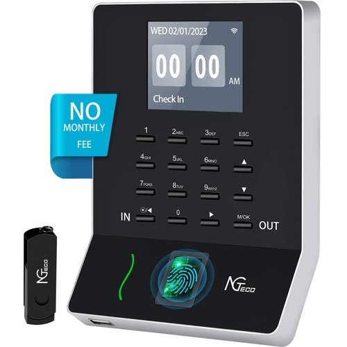 NGTeco Time Clock, App Fingerprint Employee Attendance Machine for Employees Small Businesses, No Remote Access 2.4GHz LAN WiFi Time Card Punch Machine (No Monthly Fee)