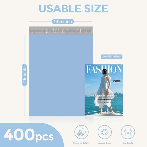 Metronic Poly Mailers - Large Self-Seal Shipping Bags for Clothes | 14.5x19 Inches, 400pcs, Waterproof Light Blue