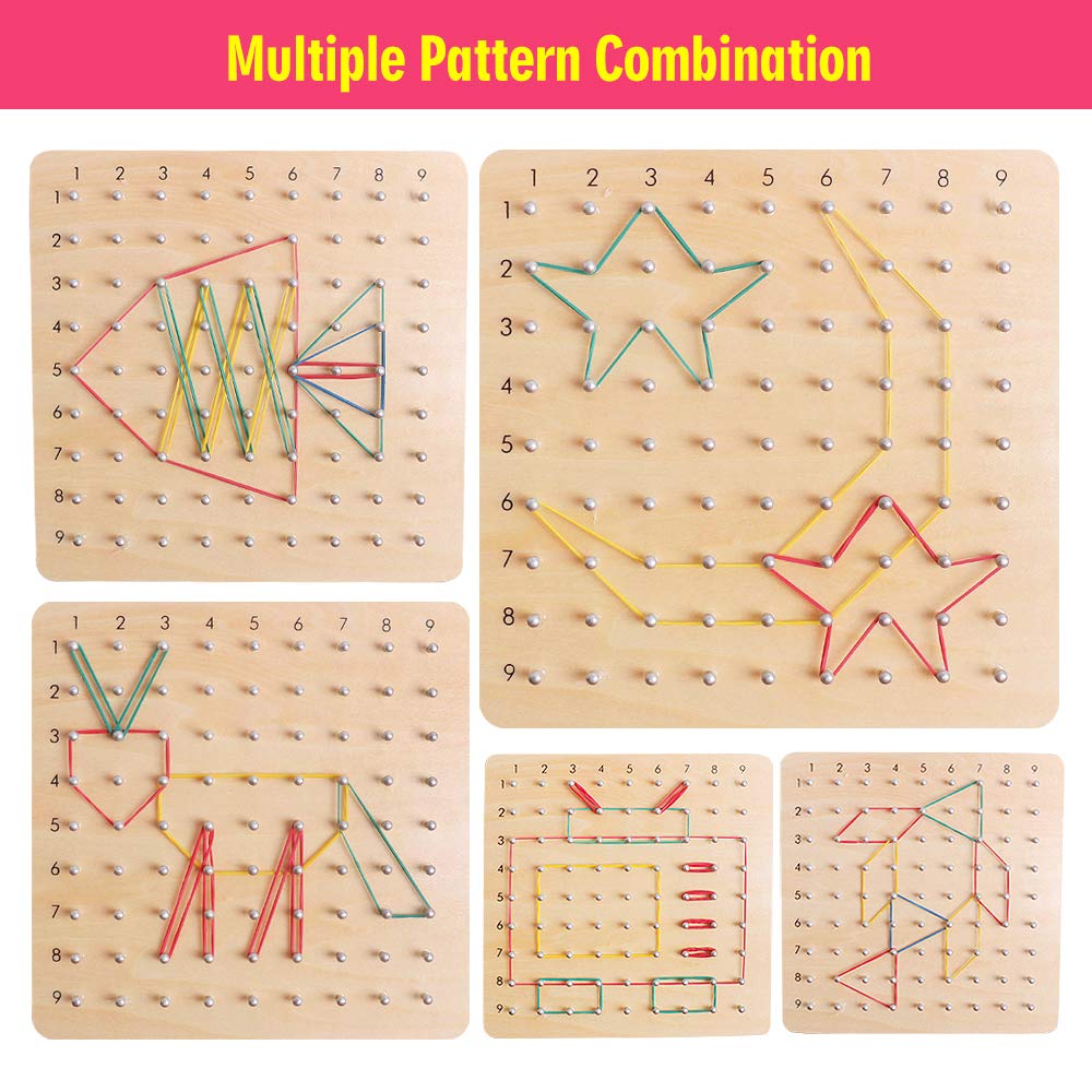 Skrtuan Wooden Geoboard with Pattern Cards & Rubber Bands, Montessori STEM Educational Toy for Kids 3-5 5-8 Years Old, Brain Teaser Puzzle Game for Geometry Learning and Creative Shapes