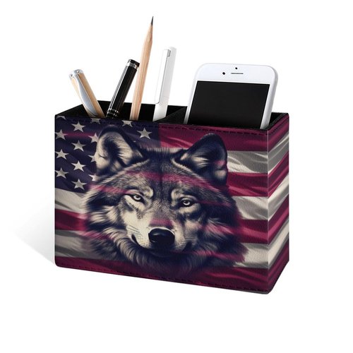 Buyidec Pen Holder Pencil Holder for Desk Wolf American Flag PU Leather Pens Pencils Holder Cup Desktop Desk Pencil Pen Organizer Makeup Brush Holder for Office School Home