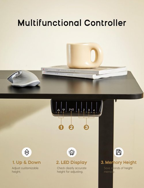 Deroavixe Electric Standing Desk, Height Adjustable Desk with 4 Memory Settings, 55 x 28 Inches, Home Office Workstation (Black Desktop + Black Frame)