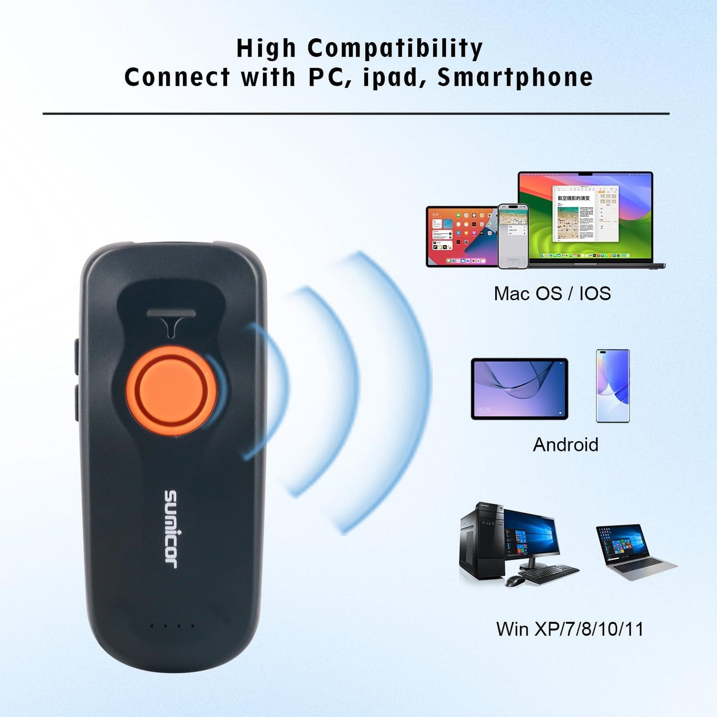 Sumicor Wireless Barcode Scanner - Portable Mini Bluetooth 1D Laser Reader with Battery Indicator