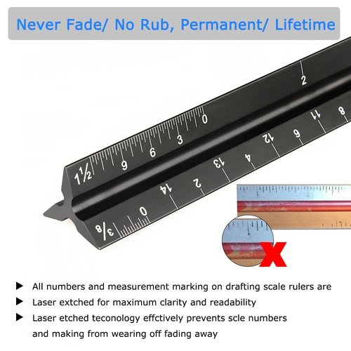 Soraco 12" Aluminum Triangular Architect Scale Ruler – Laser-Etched Imperial Measurements – Durable Black Anodized Finish – Ideal for Architects, Engineers, Draftsmen, and Students(Black)