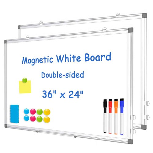 WALGLASS 2 Pack White Board, 36" x 24" Double-Sided Dry Erase White Board for Wall, Hanging Mounted Whiteboard, Horizontal or Vertical Silver Aluminium Frame for Home, School, Office, Kitchen