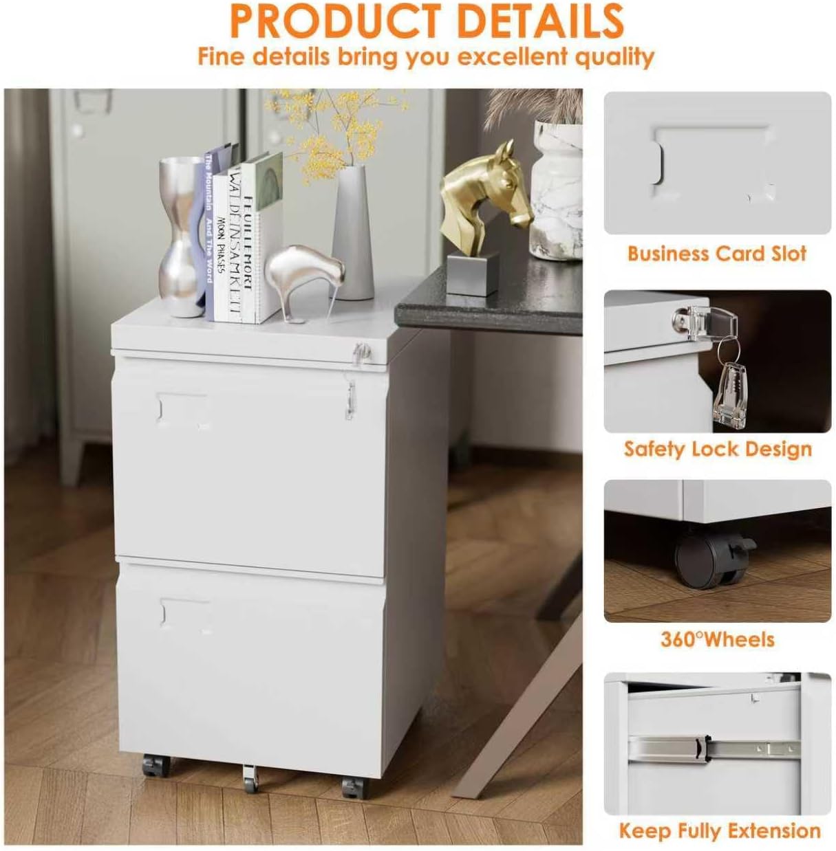 SUXXAN Mobile File Cabinet - Heavy Duty Steel with Lock | 2 Drawers for Letter/Legal Size Files, Anti-Tip Design, 5 Casters