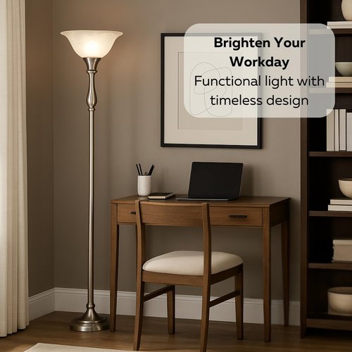 LIGHTACCENTS Floor Lamp, 72-Inch Standing Lamp with Brushed Nickel Finish and White Alabaster Glass Shade – Torchiere Pole Lamp for Living Room, Bedroom, or Corner Lighting
