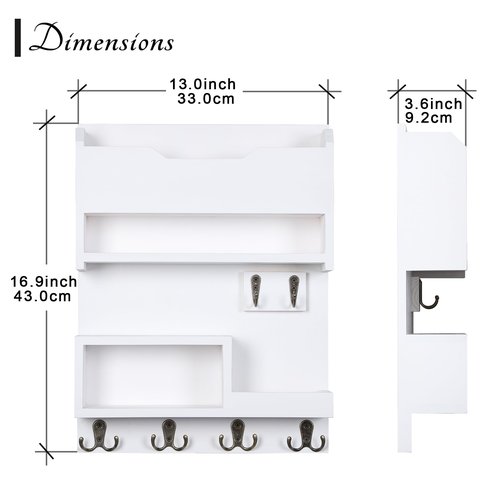HEKFL Key Holder for Wall, Mail and Key Holder with Key Hooks, Mail Organizer Wall Mounted for Home Decor, White