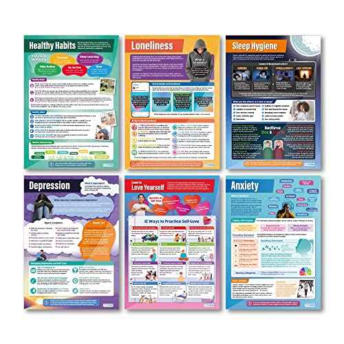 Daydream Education Mental Health Classroom Posters - Set of 6 - EXTRA LARGE 33" X 23.5" - Gloss Paper - Anxiety, Therapy & Motivational, Middle & High School Class Decoration - Wall Charts