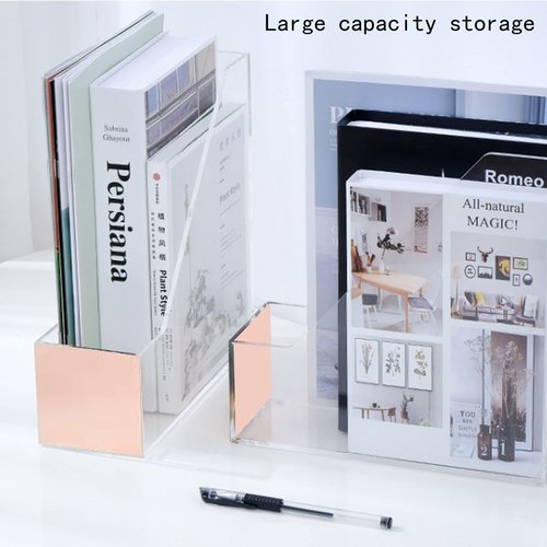 Zyners 2 Packs Clear Acrylic Magazine File Holder, Plastic File Folder Storage Organizer , Decorated with Rose Gold Sequins for Office, Home, Desk, School（9.8" x 3.5" x 10"）