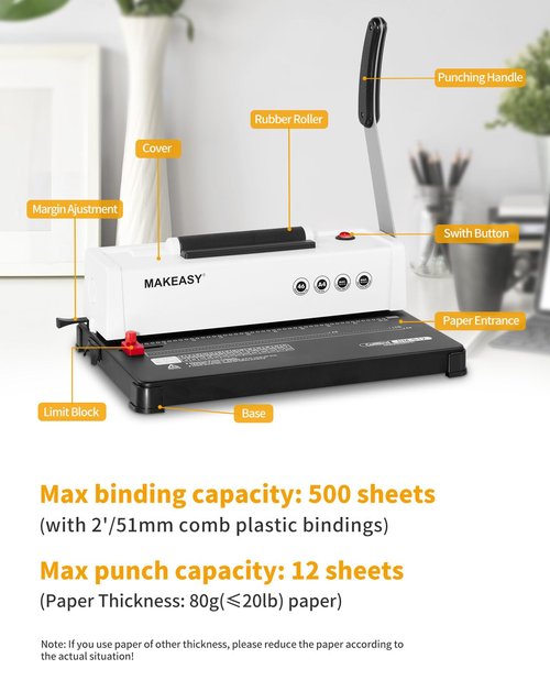 MAKEASY Spiral Binding Machine, 12 Sheets Punch Capacity, Electric Coil Insert, Book Binder Machine for A4/A5/Letter Size Paper, Come with 1 Box pcs 5/16'' Coils & Pliers