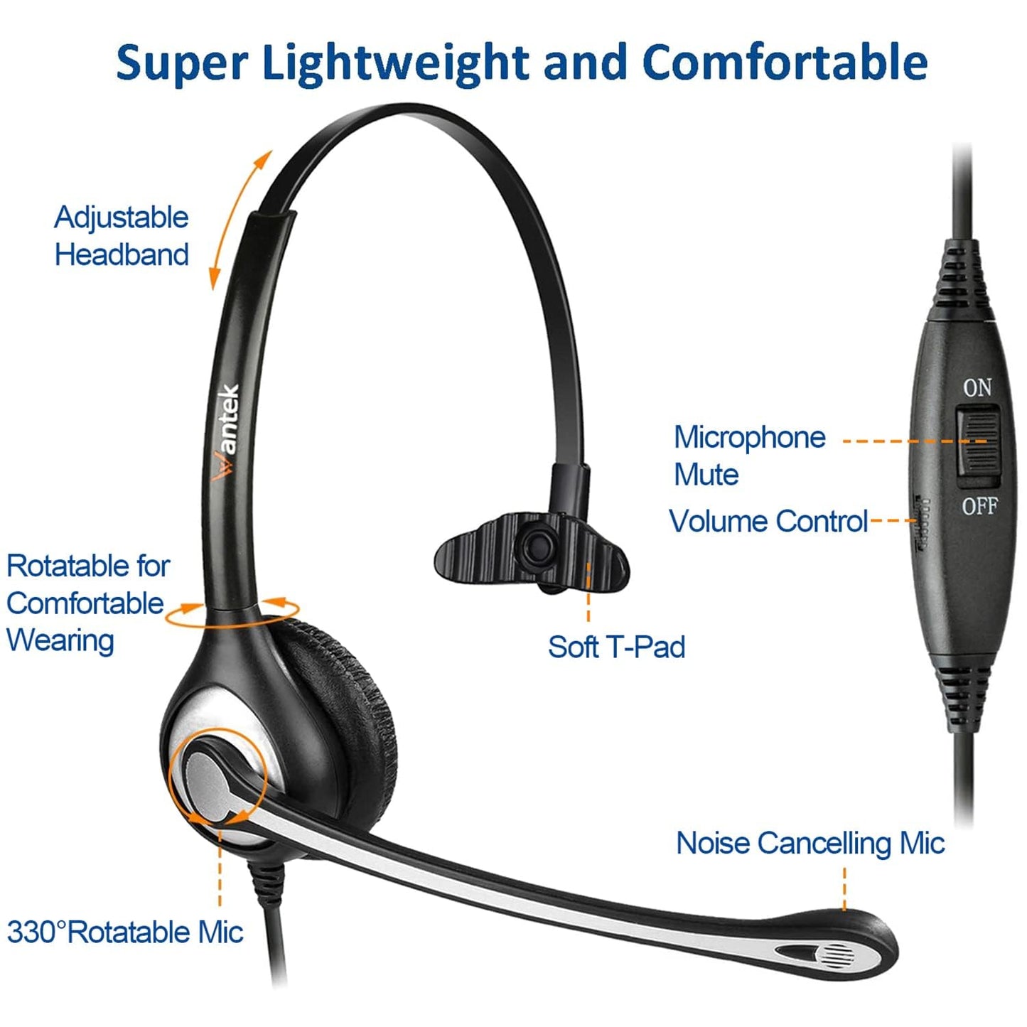 Wantek Yealink Phone Headset with Quick Disconnect Cord, RJ9 Office Telephone Headsets with Mic Noise Cancelling Compatible with Yealink VoIP Phone T21P T42S T46S T48S T27G T53W T54W Grandstream Snom
