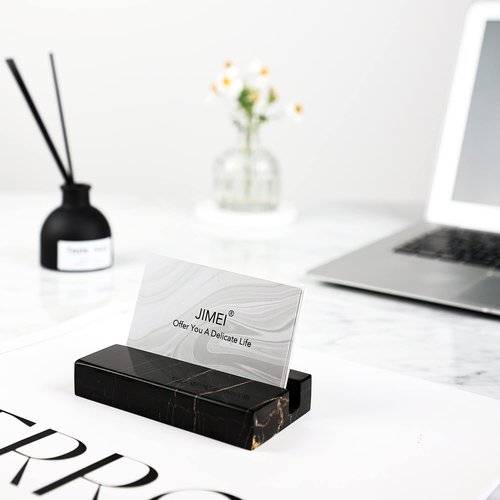 JIMEI Business Card Holder for Desk - Elegant Business Card Display Holder - Made of Sahara Noir Marble - Desk Organizer Stand for 25 Business Cards - Cute Office Desktop Accessory for Men and Women