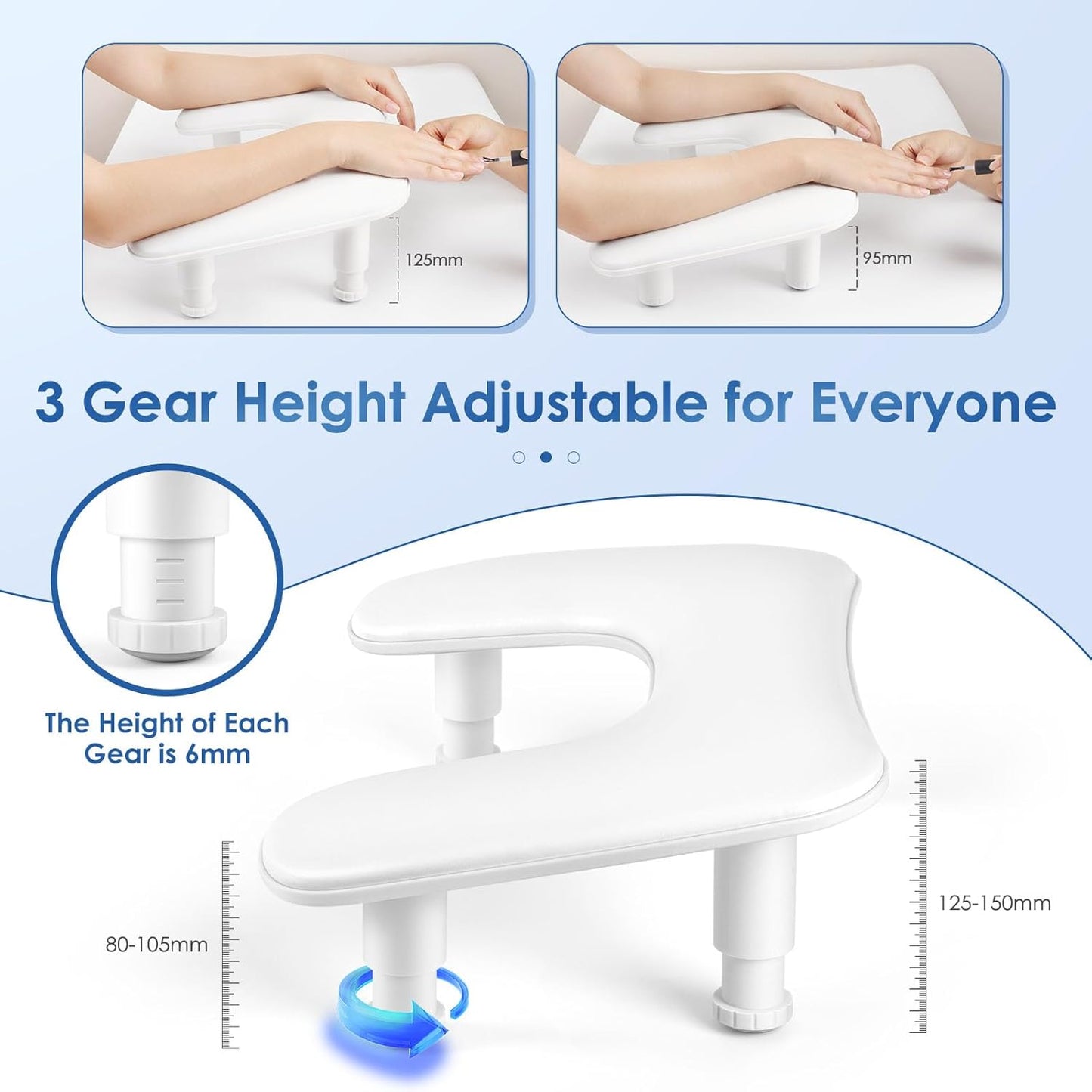 Skiennix Manicure Arm Rest - U-Shaped Adjustable Nail Hand Stand in White PU Leather for Professionals