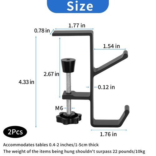 2Pcs Desk Hook, Purse Hook for Desk Adjustable Bag Holder for Table, Hooks for Backpacks Under Counter Table Hanging Storage, Workspace Organizer Holder