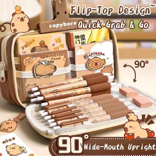 Melorumi Capybara Stationery Set Cute Pencil Case Pouch Gifts For Girls Boys Kid Large Capacity Kawaii Capibara Organizer Office School Supplies