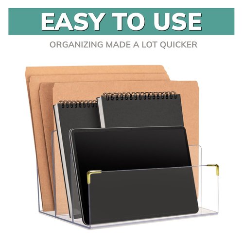 pbf Acrylic File Holder | Clear File Organizer for Desk w/Gold Accents | Acrylic Desk Organizer, Folder Holder, Mail Sorter, File Stand, Magazine Divider, Laptop, Notebook, & Letter Organizer