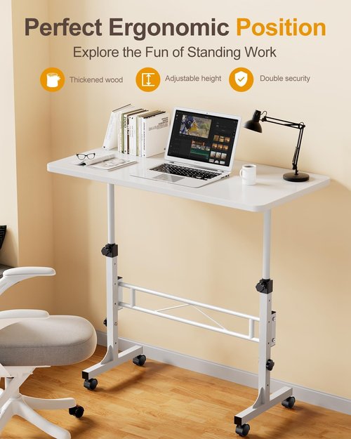 Skiennix Adjustable Height Small Standing Desk - Mobile 32 Inch Rolling Desk with Wheels | Pure White