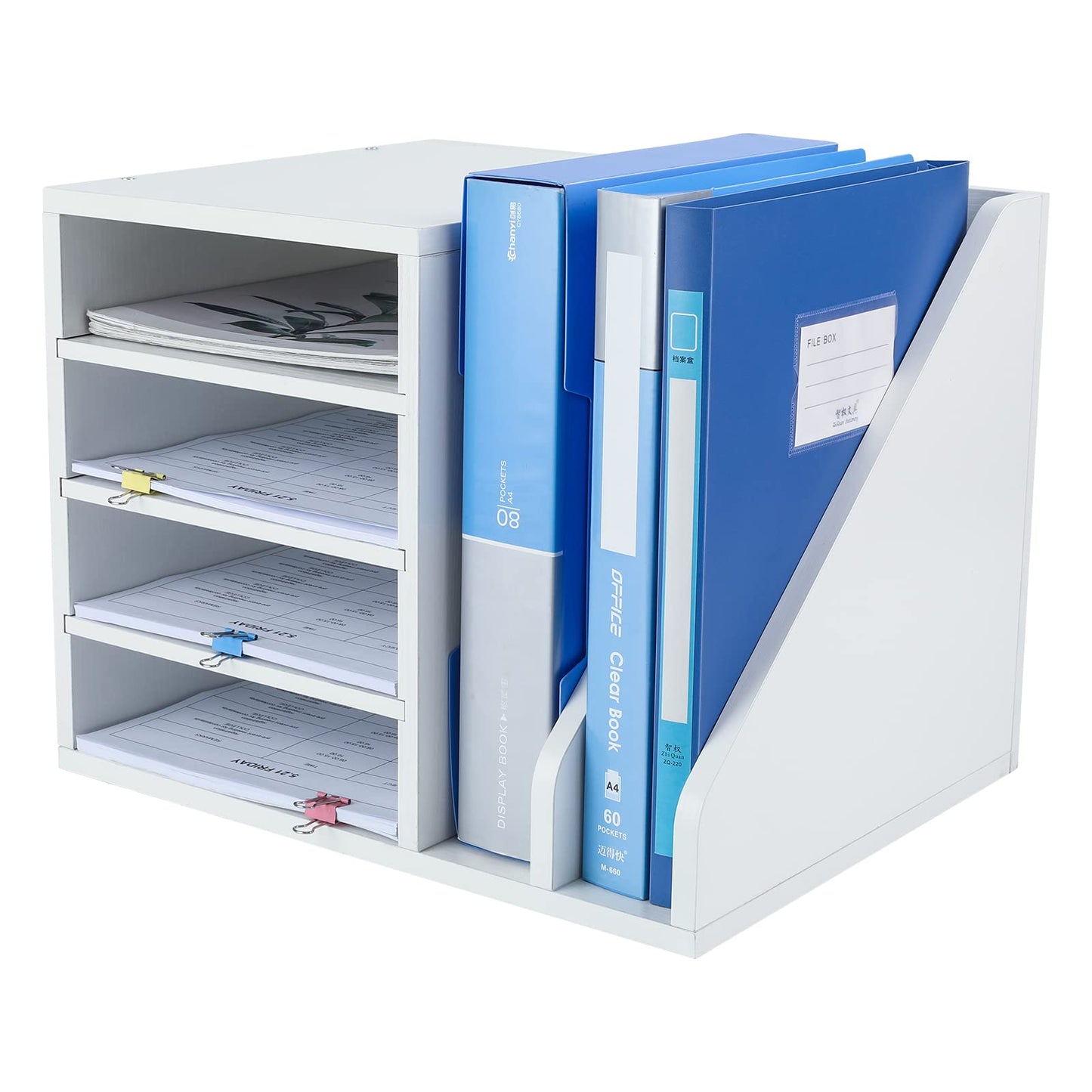 PAG Wood Desktop File Holder Organizer Mail Sorter, White, 15.35" W x 12.16" D x 11.81" H