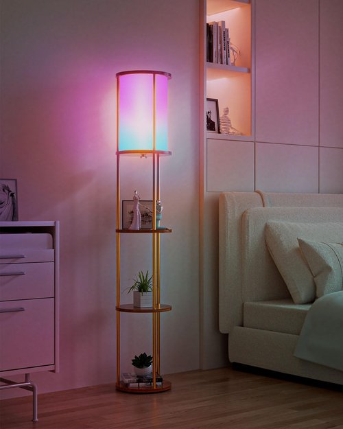 Lightdot 61" RGB Floor Lamp with Shelves - 3-Tier Storage Smart Remote Control Standing Lamp with Fabric Lampshade, E26 Bulb Included, Dimmable Floor Lamps for Living Room, Bedroom & Home Decor (Gold)